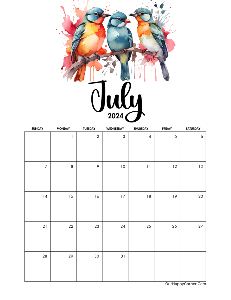 Watercolor bird design calendar for July
