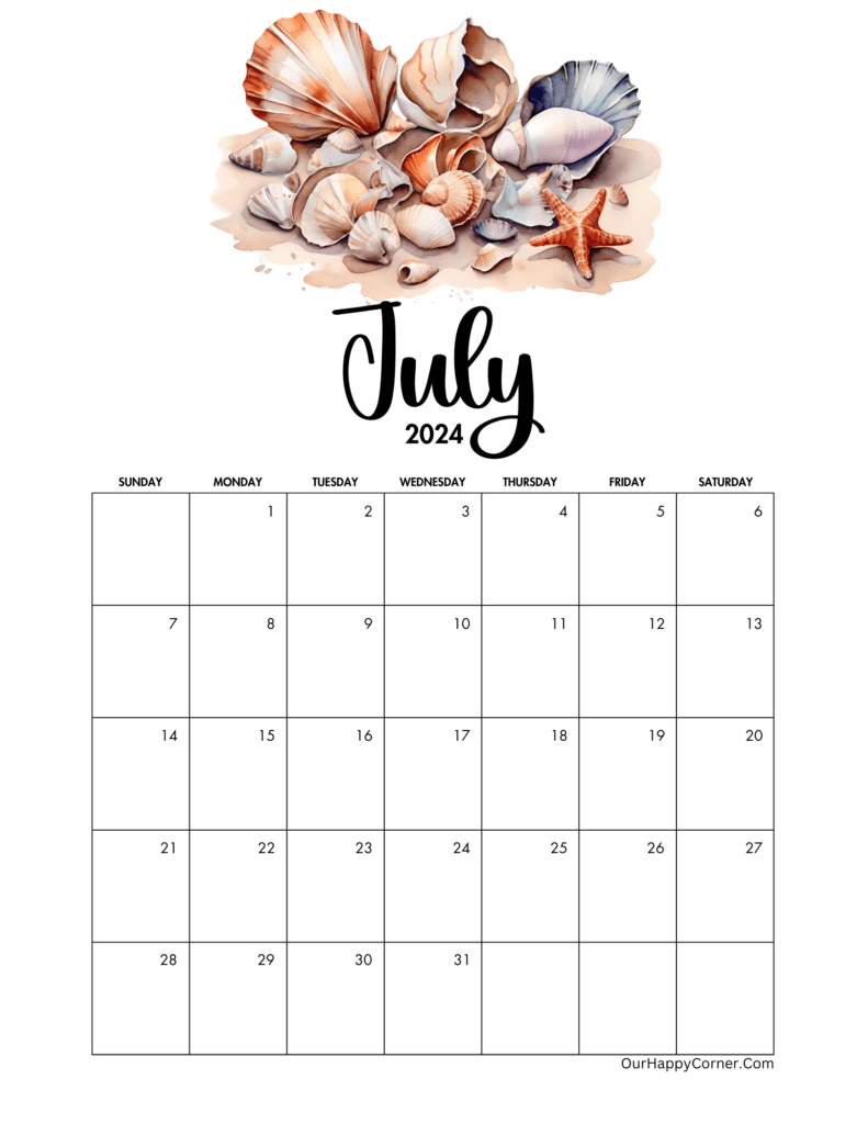 Seashells designs calendar for July

