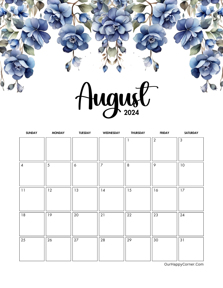 2024 Blue flowers August calendar