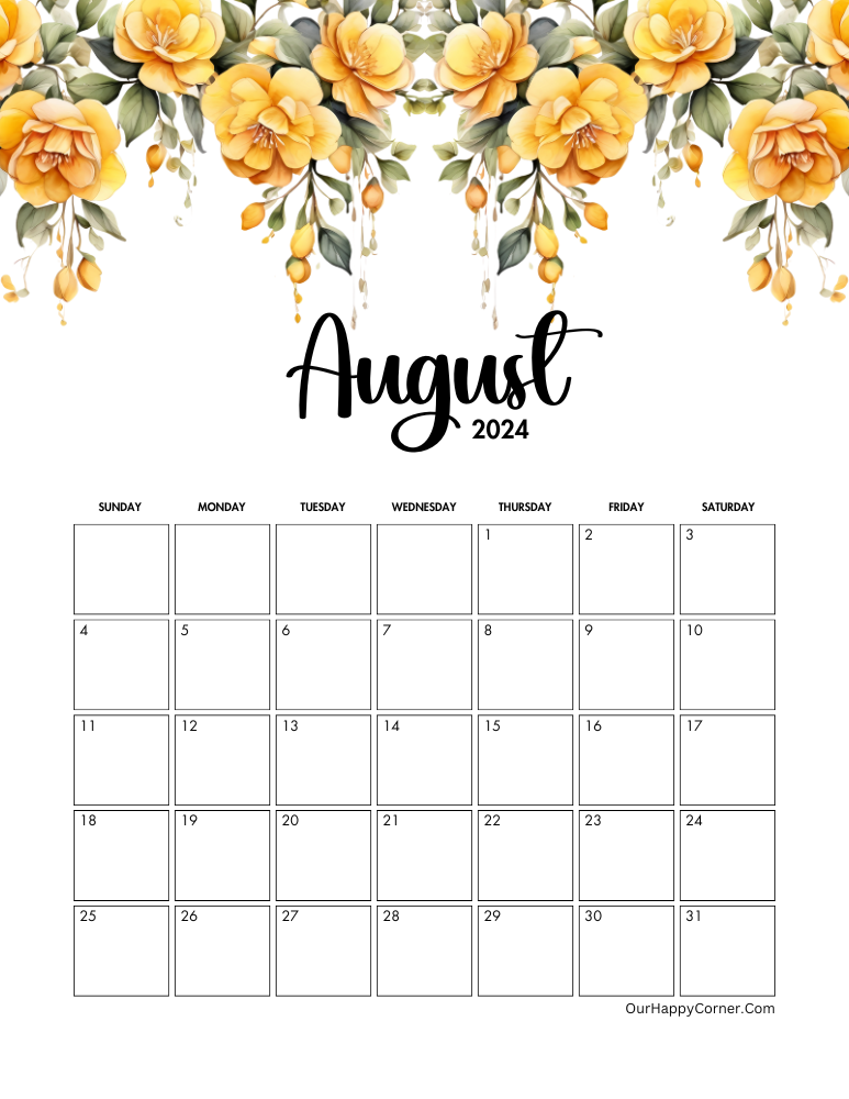 2024 Yellow flowers August calendar
