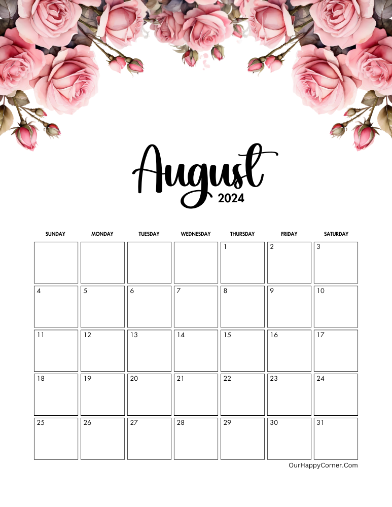 Pink rose watercolor calendar for 2024