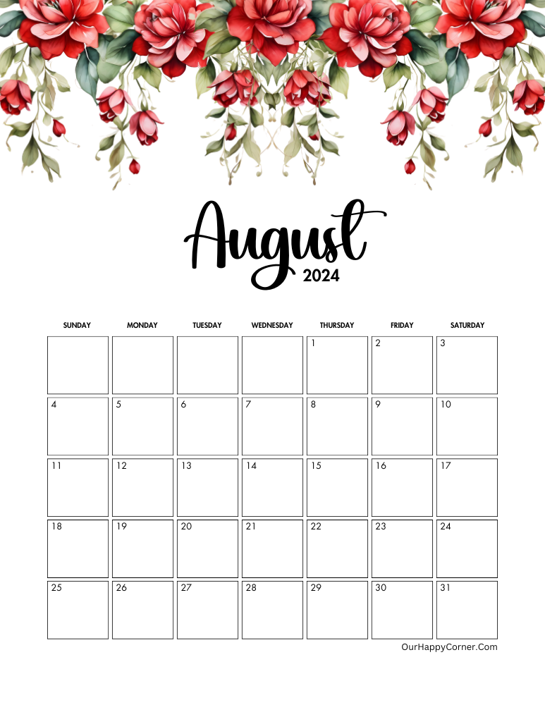2024 Red flowers August calendar