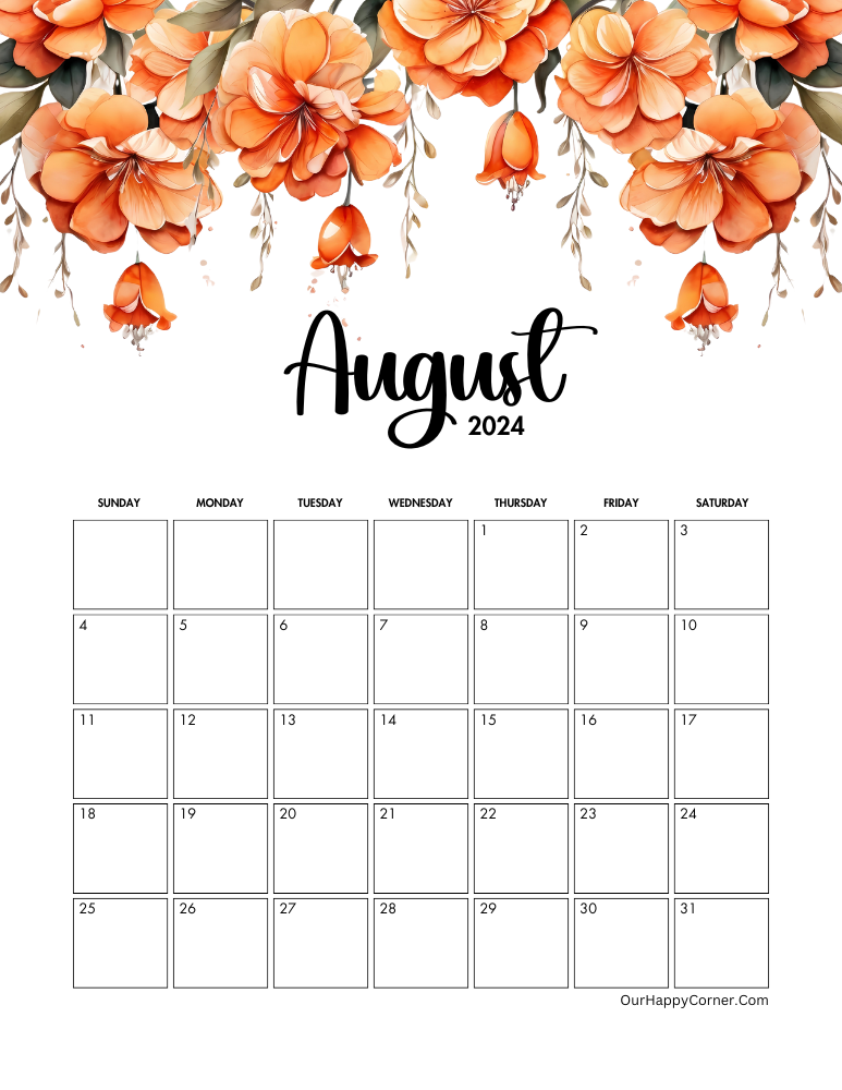 2024 Orange flowers August calendar