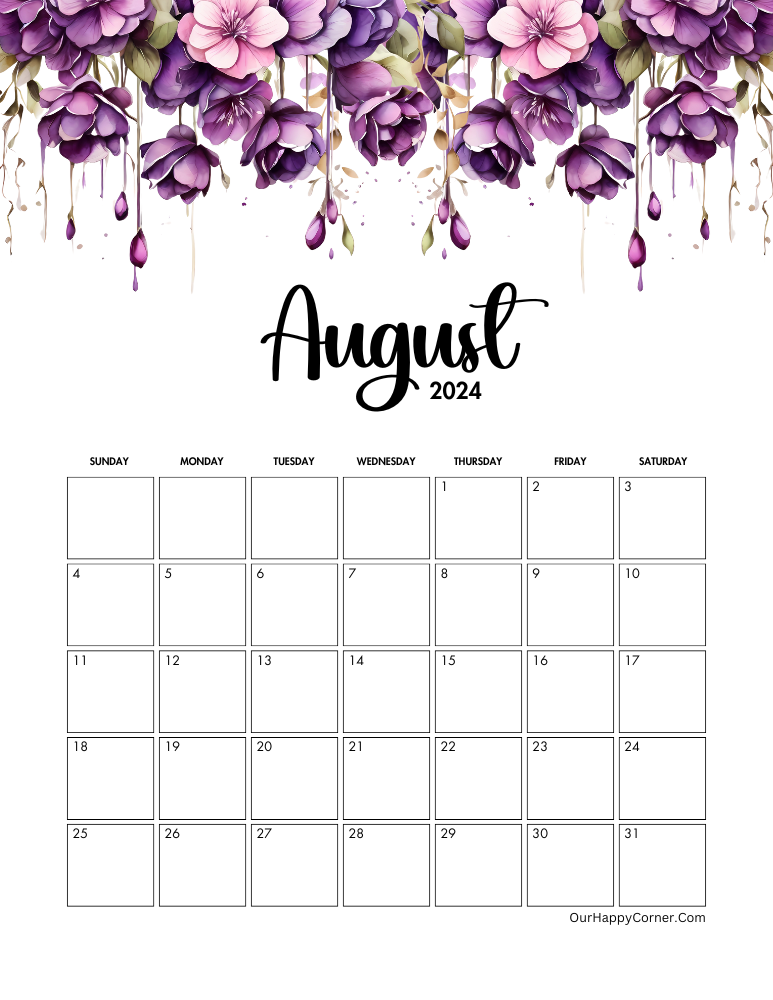 Floral Purple August 2024 Calendar