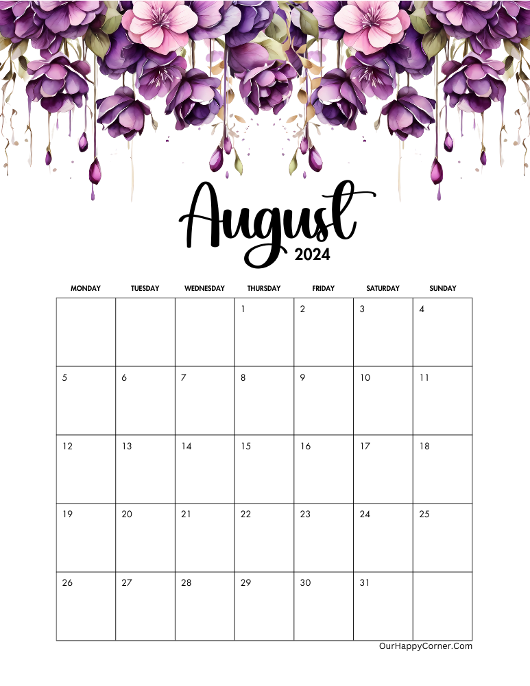 Floral Purple August 2024 Calendar Monday Start