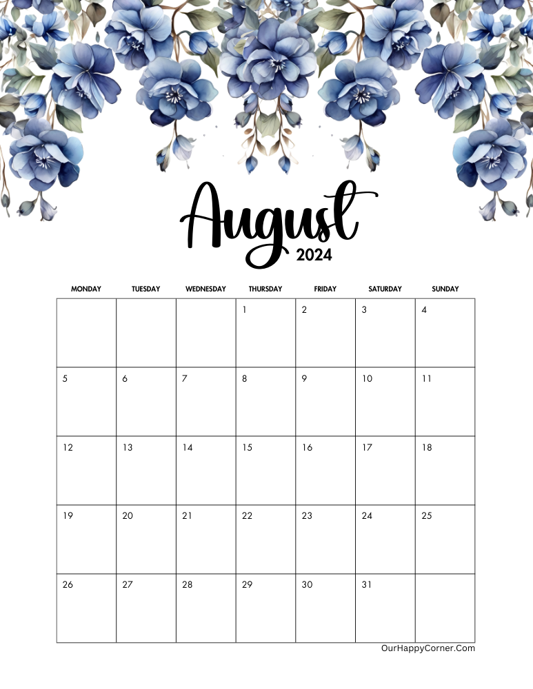 2024 Blue flowers August calendar Monday Start
