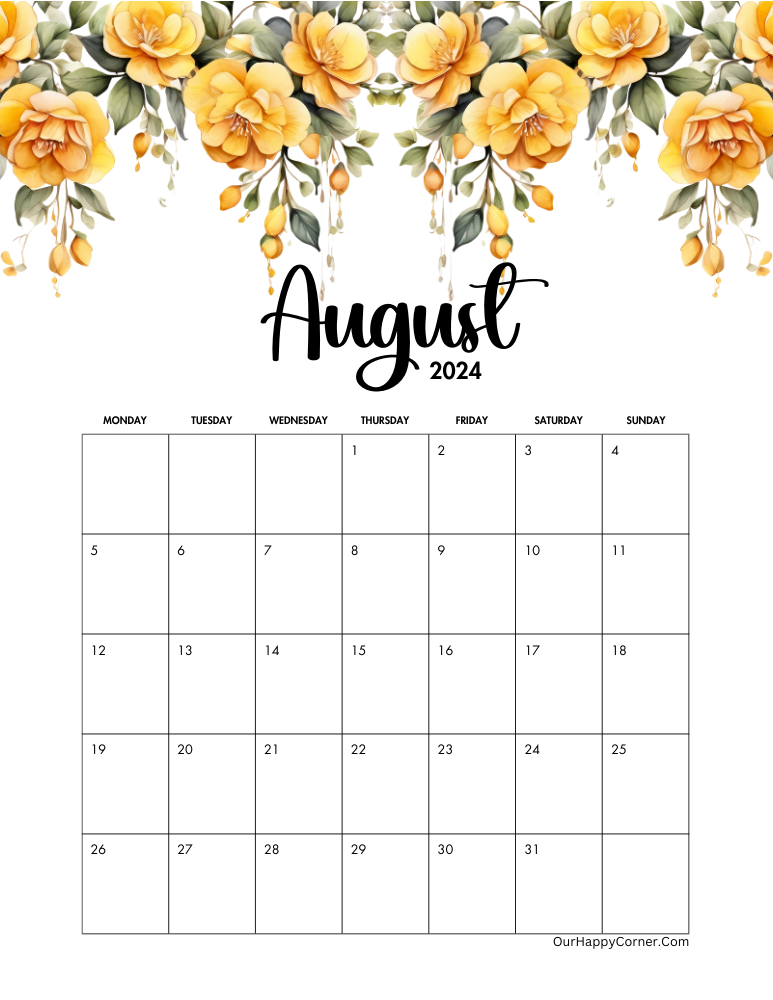 2024 Yellow flowers August calendar Monday Start