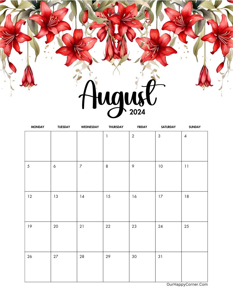 2024 Red flowers August calendar Monday Start