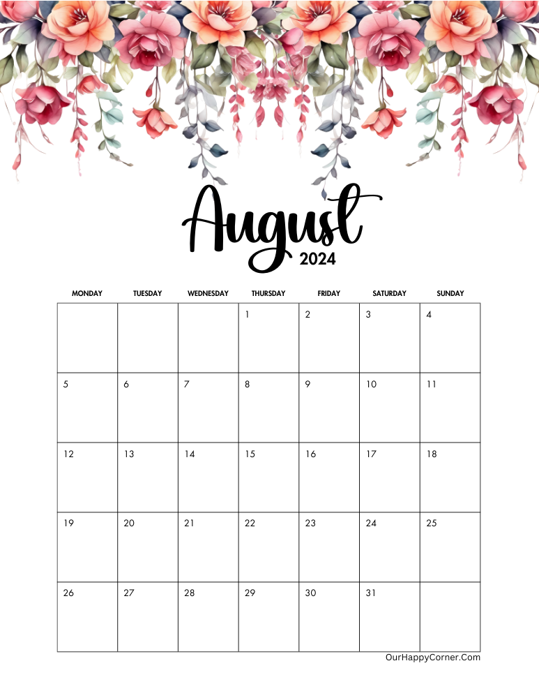 Floral August calendar 2024 Monday Start