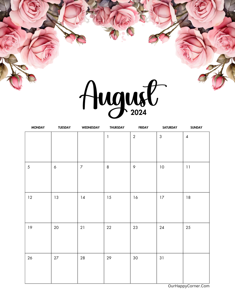 Pink rose watercolor calendar for 2024 Monday Start