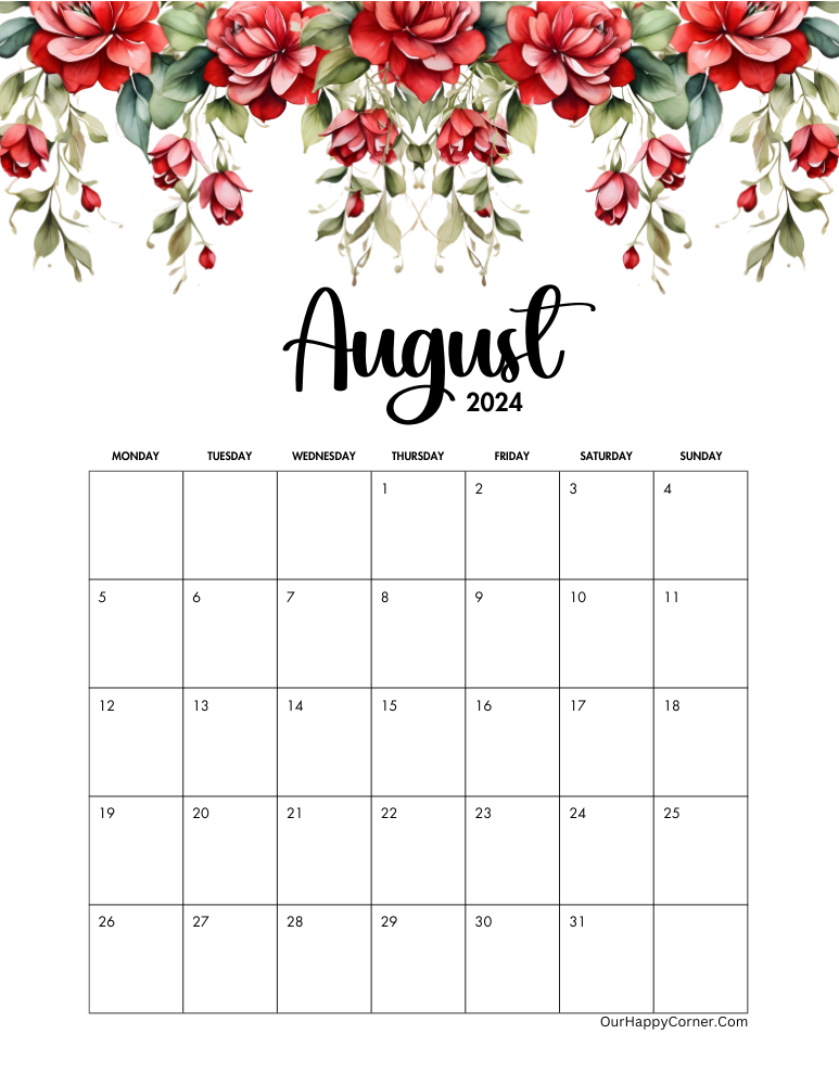 2024 Red flowers August calendar Monday Start