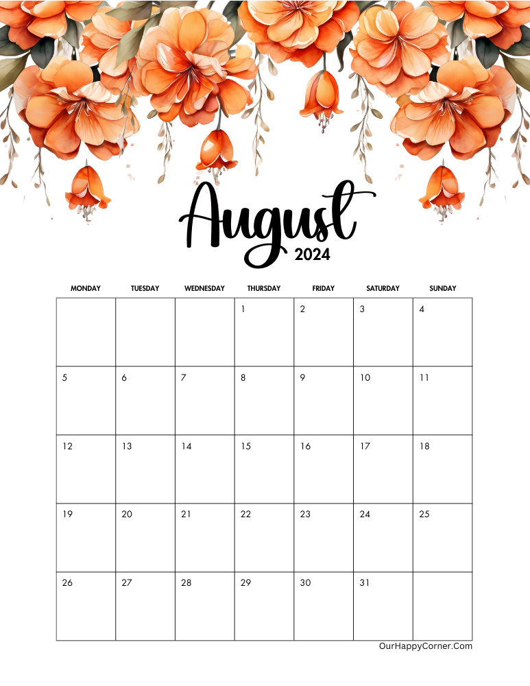 2024 Orange flowers August calendar Monday Start