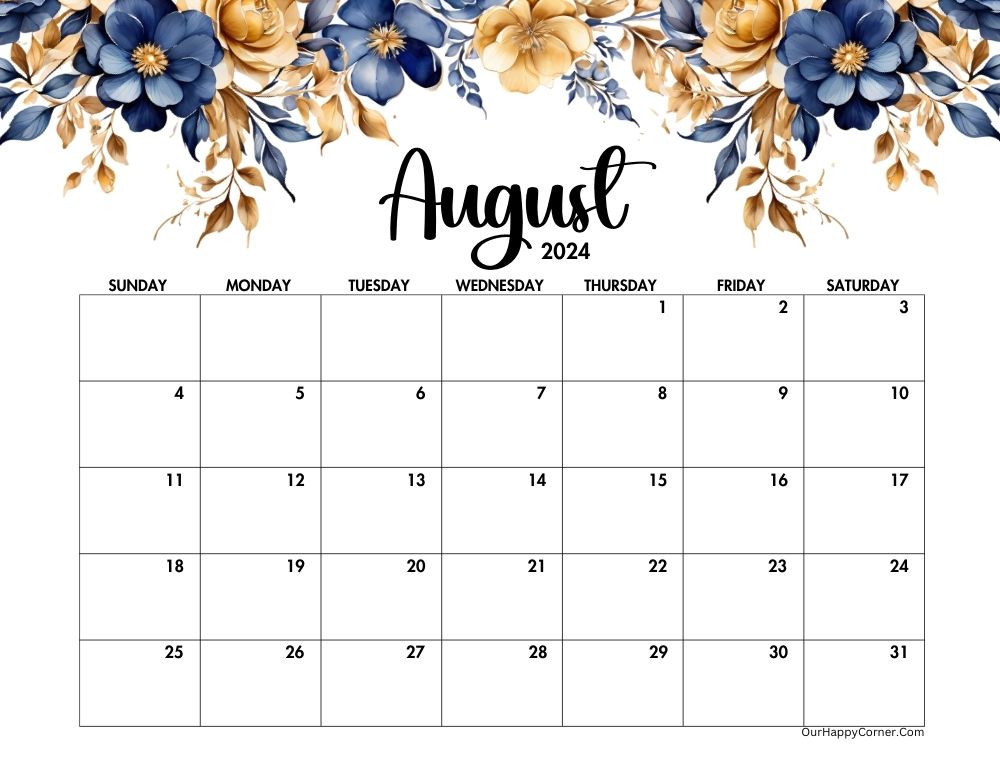 Floral Blue and Gold Calender for the month of August