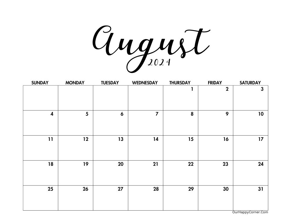 Minimalist Calendar for the month of August