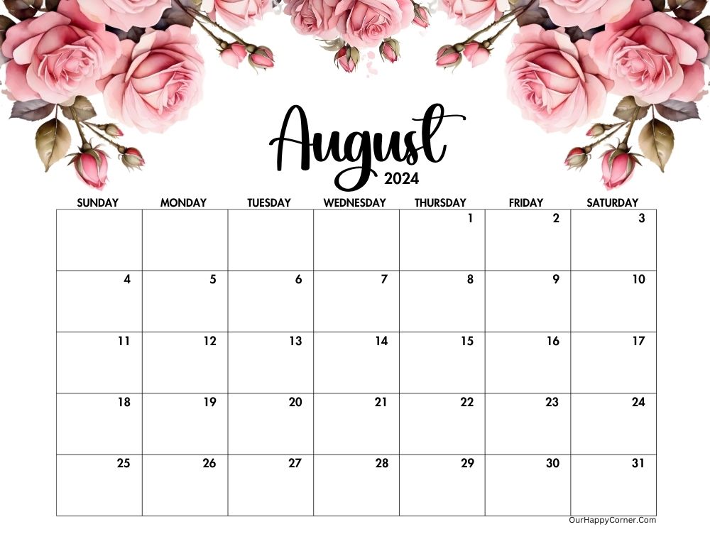 Pink roses Calender for the month of August