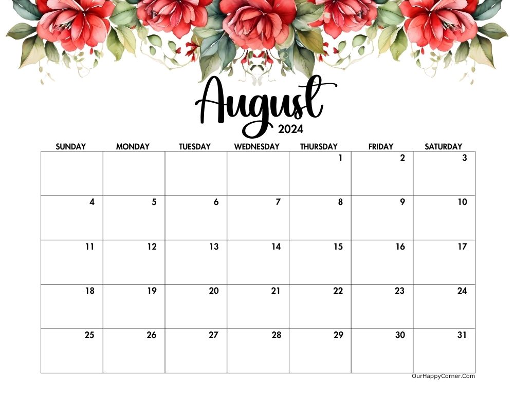 Red flowers Calender for the month of August