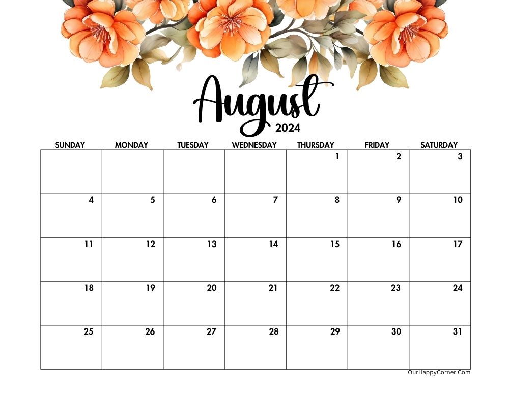 Orange Floral Calender for the month of August