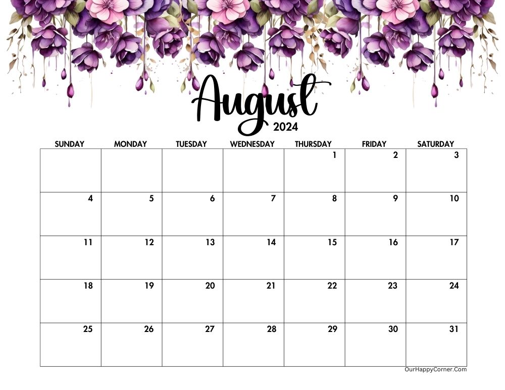 Horizontal 2024 August Calendar