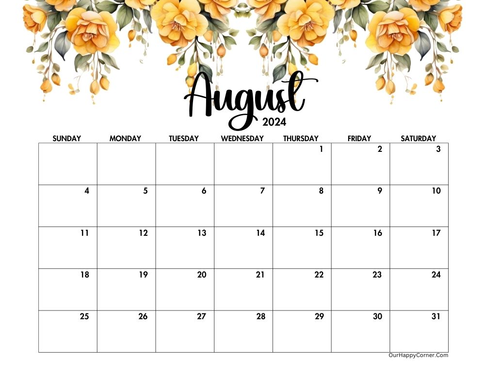 Calender for the month of August
