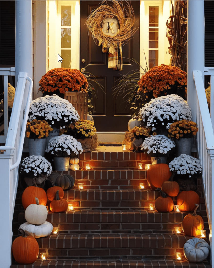 Festive Fall Front Porch with Mums and Pumpkinss