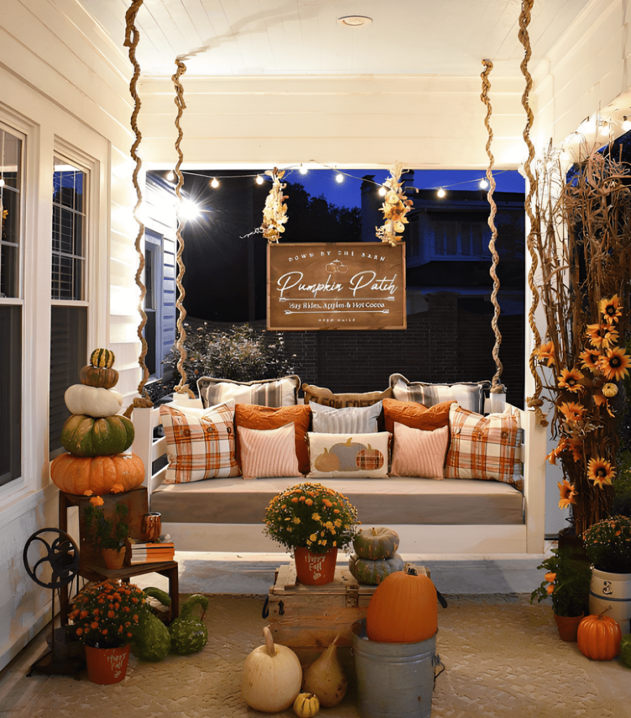 A front porch decorated for fall with a swing bed, pumpkins, autumn pillows, string lights, and a "Pumpkin Patch" sign