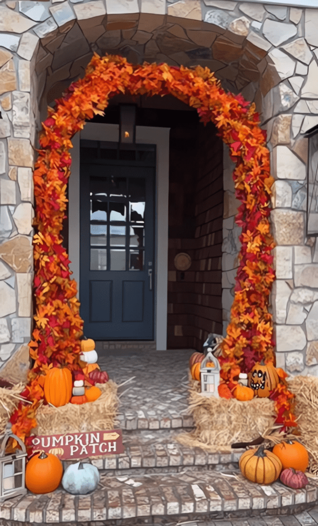 Front porch decorated for fall with a vibrant red and orange leaf archway, pumpkins, hay bales, lanterns, and a "Pumpkin Patch" sign.