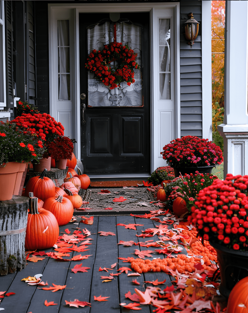 A front porch decorated for fall with orange pumpkins, vibrant red mums, a red floral wreath on a black door, and fallen red maple leaves scattered across a dark wood floor