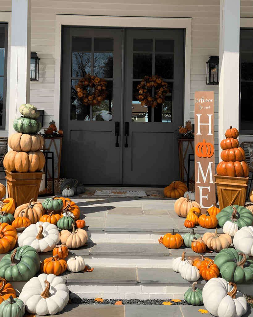 A front porch decorated for fall with numerous pumpkins in various colors and sizes, autumn wreaths on double doors, and a wooden "HOME" sign with a pumpkin motif