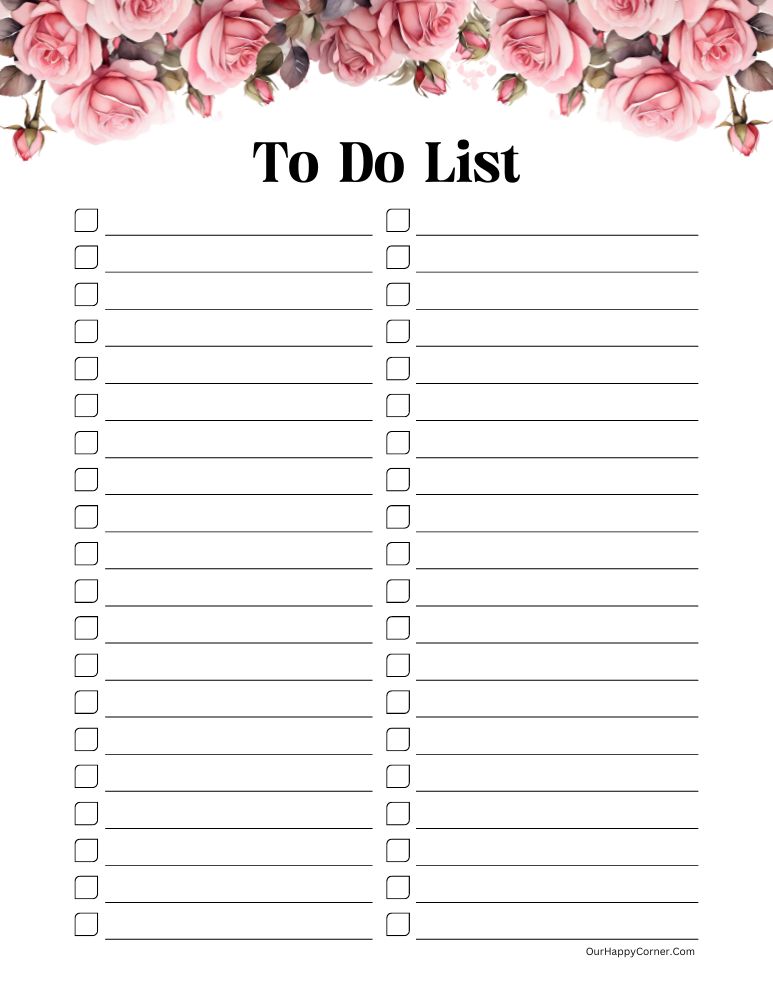 Pink floral to do list printable template