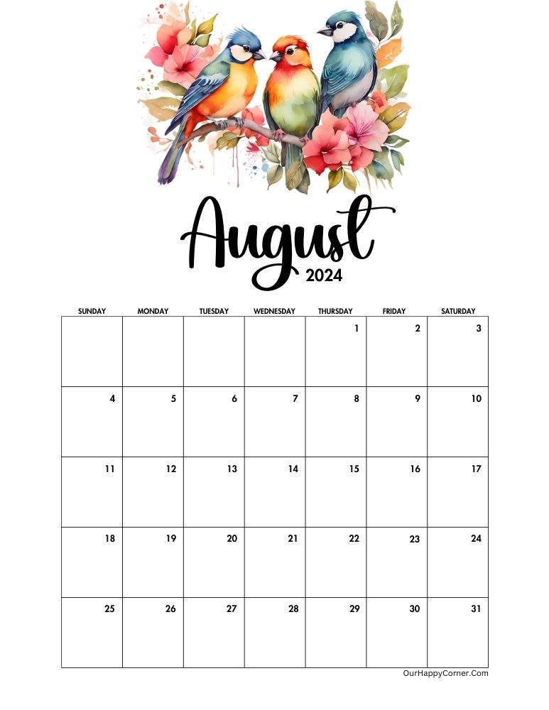 Watercolor birds August calendar