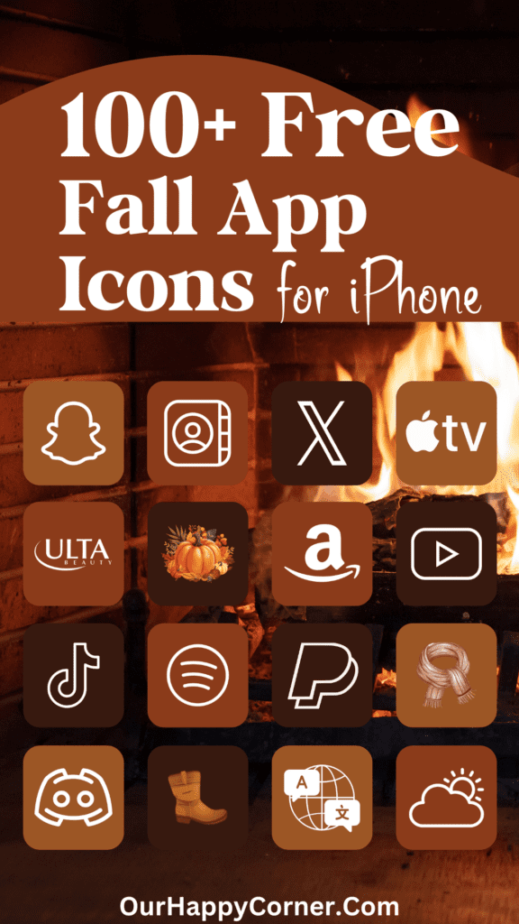 Preview of 100 Fall App Icons with fireplace wallpaper