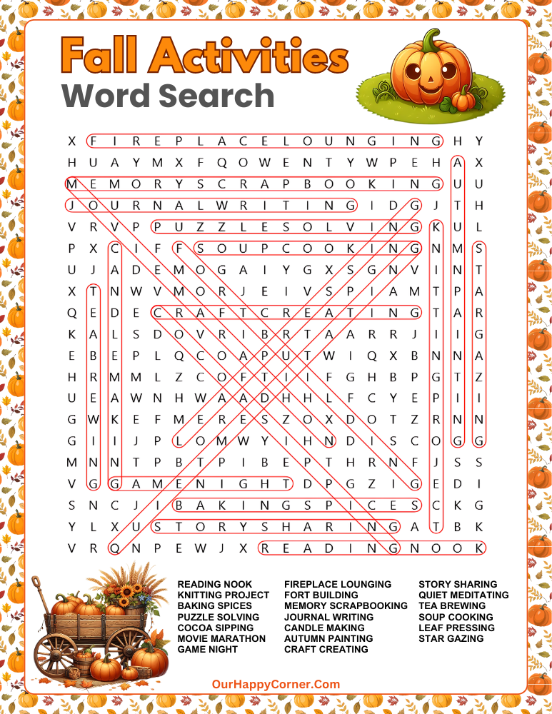 Fall activities word search answer key