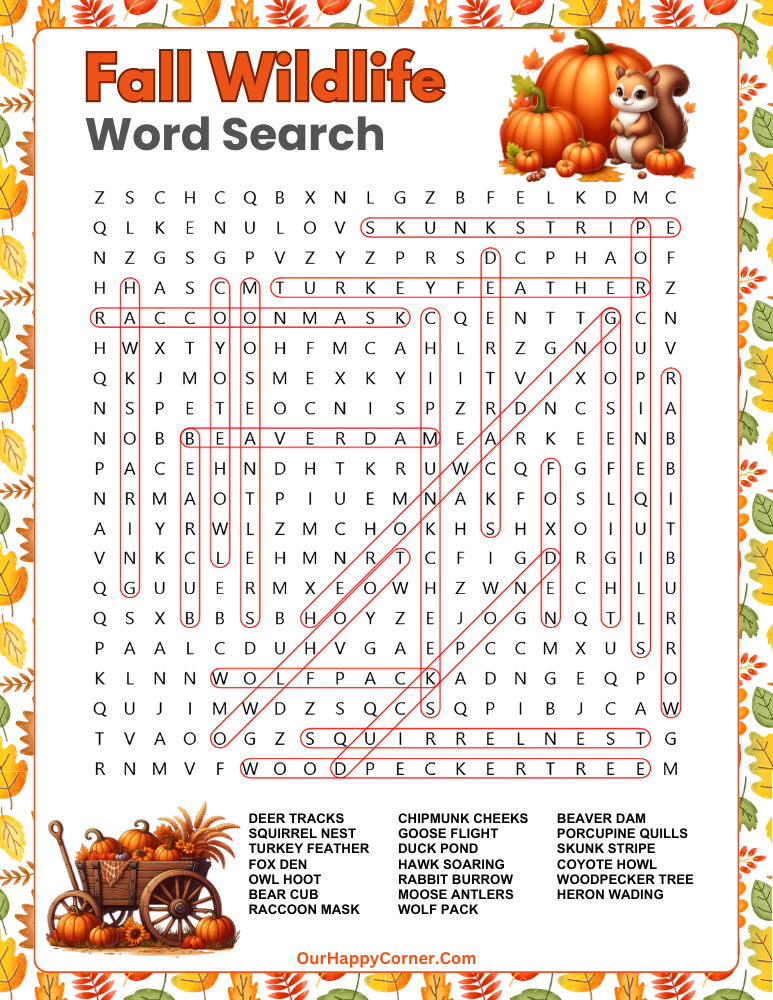 Fall wildlife solution word hunt