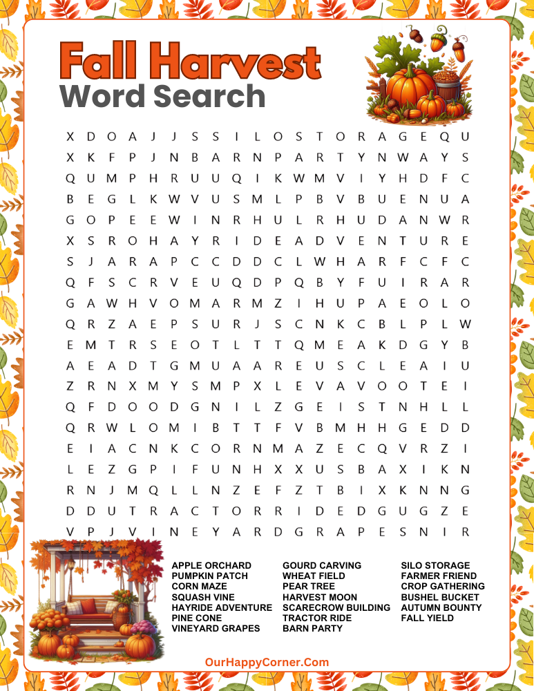 Fall word search puzzle with fall decor on a porch with swing