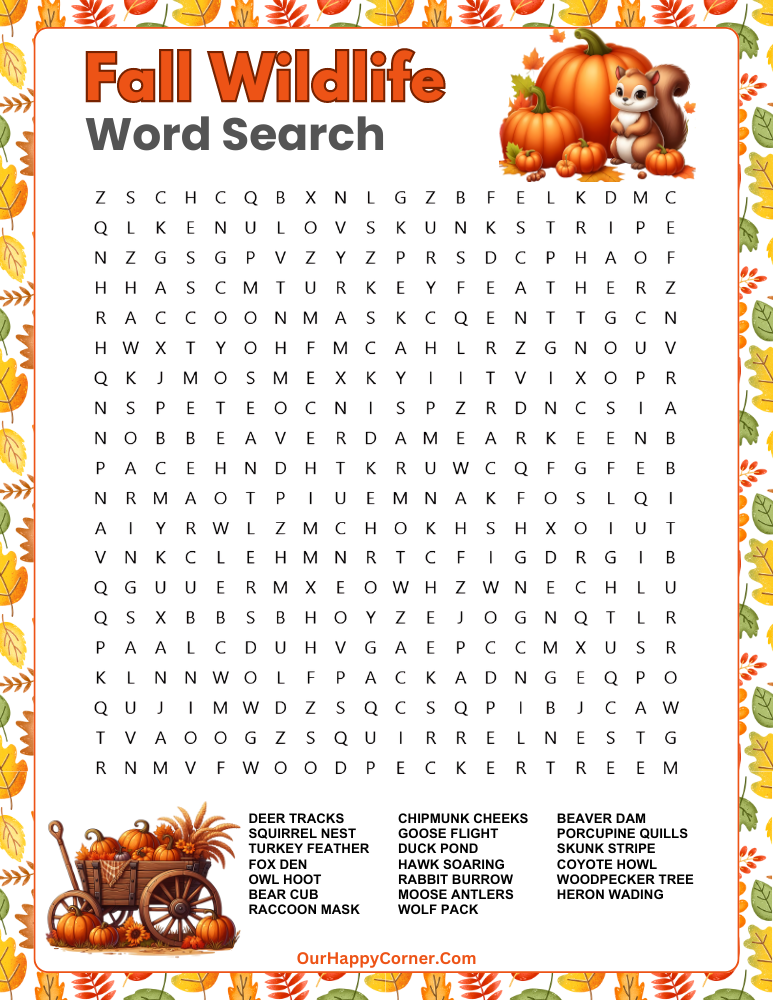 Fall wildlife word search puzzle