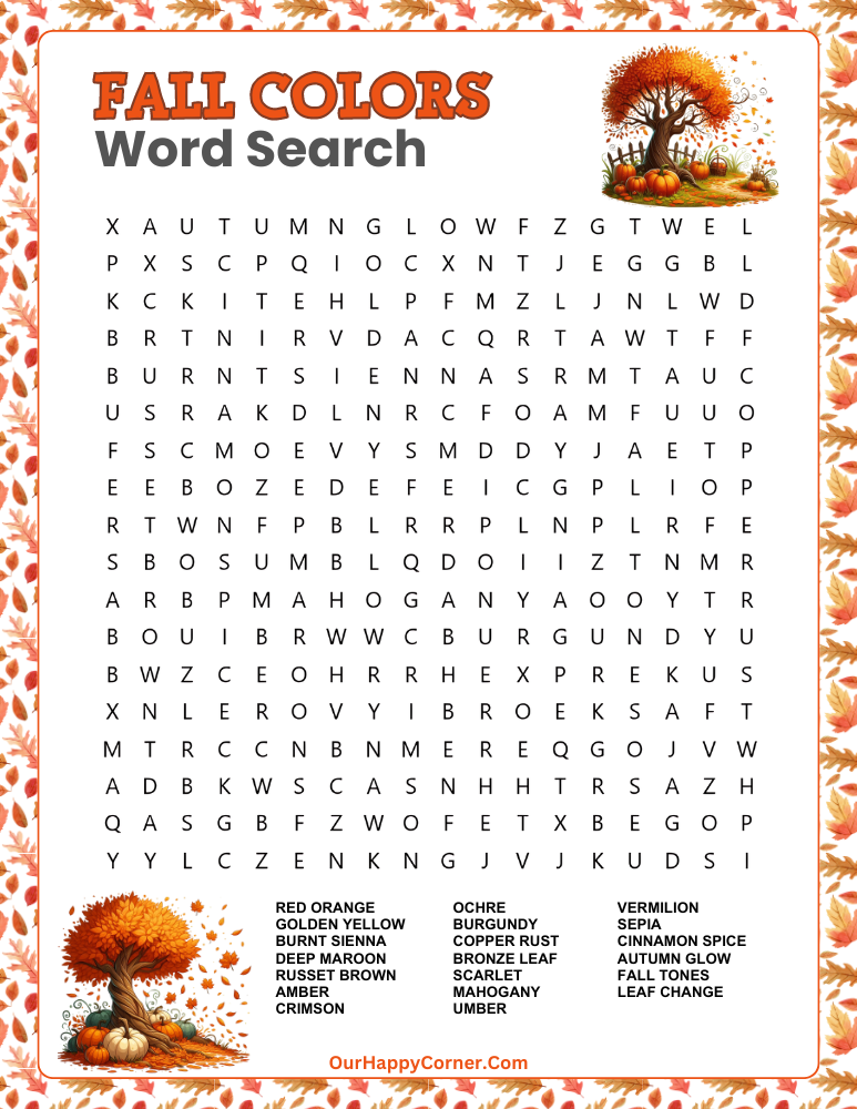 Fall word search puzzle of fall colors theme