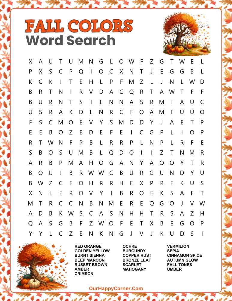 Fall colors word search printable