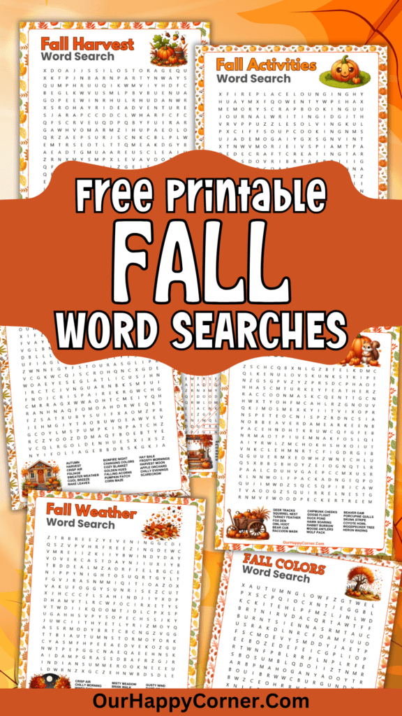 Fall word search puzzles in different themes such as fall harvest, fall weather, fall colors, fall wildlife