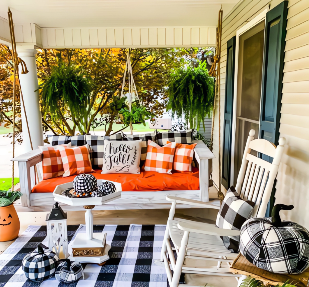 Front porch with white swing decorated with orange and plaid pillows, hanging plants, and fall decor