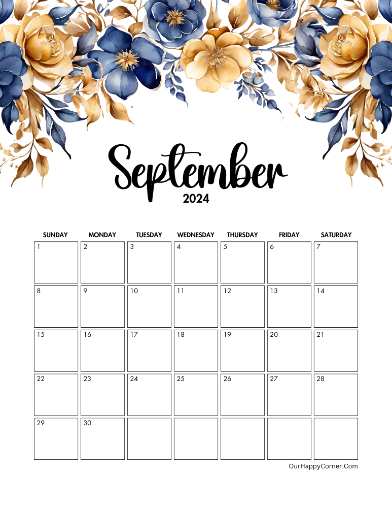 Blue and gold floral calendar