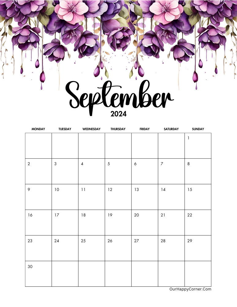 Floral purple calendar Monday start