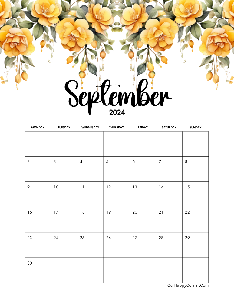 Yellow floral calendar Monday start