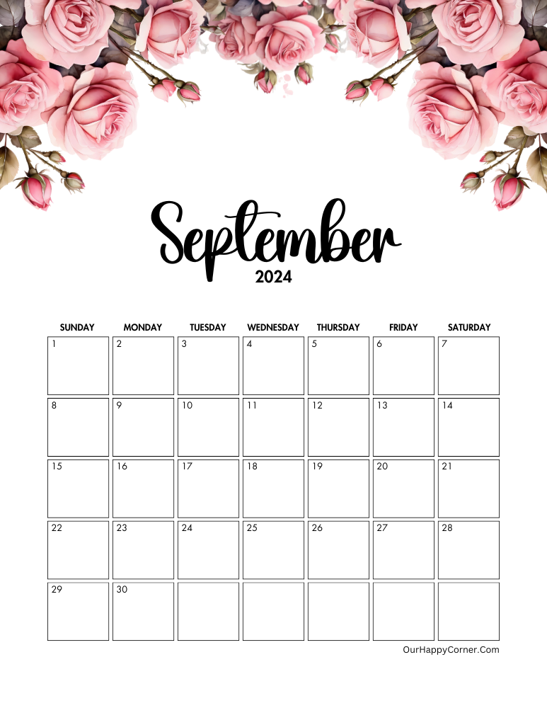 Pink roses floral September calendar 2024