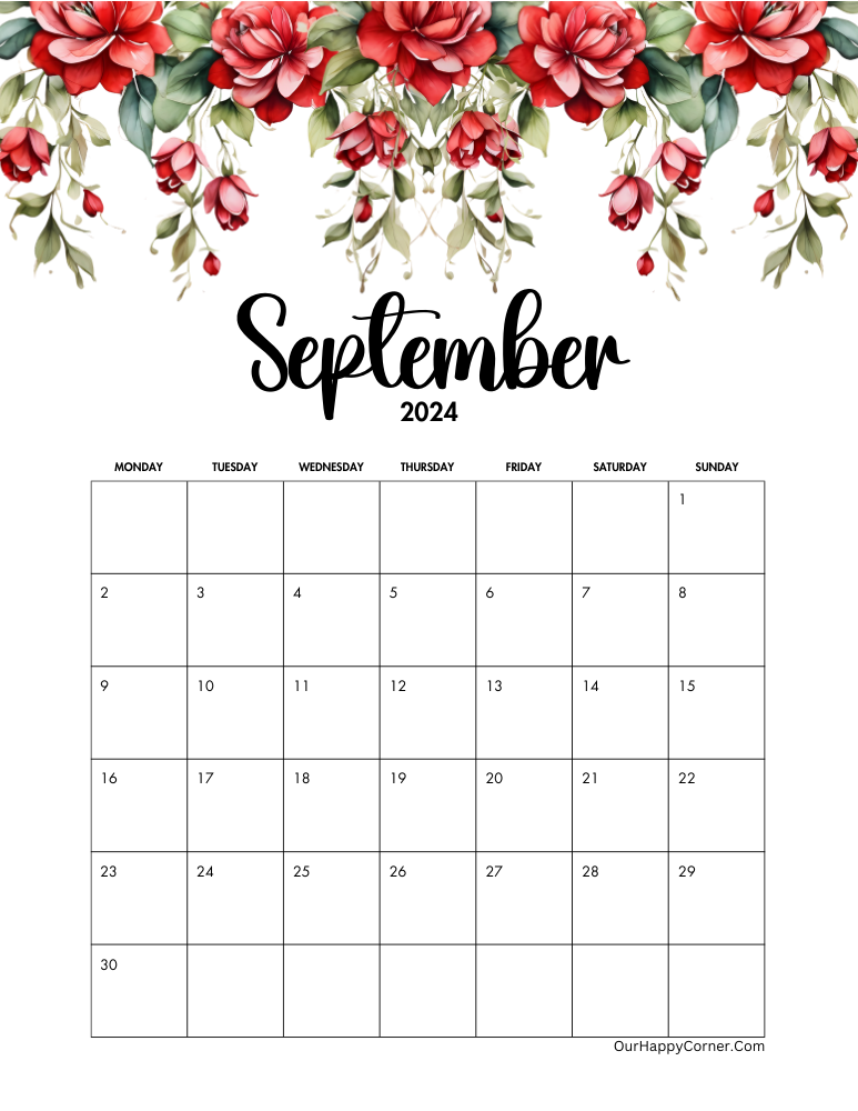 Red floral calendar monday start