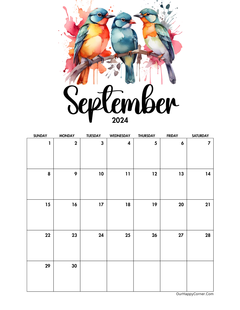 Birds decorated September calendar