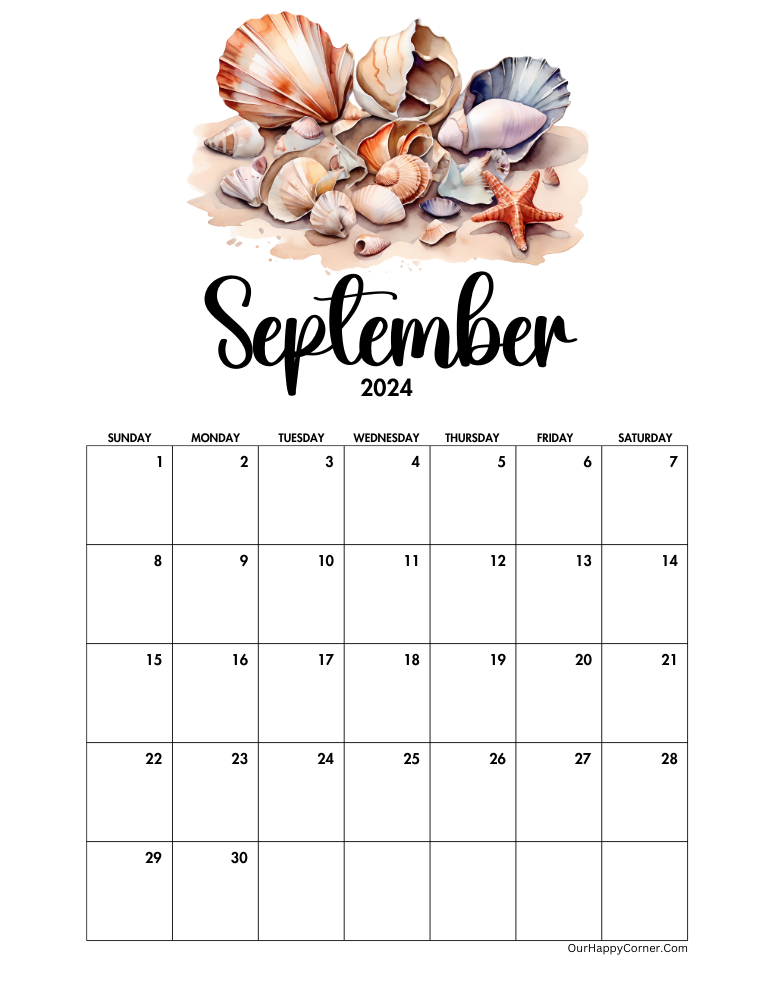 September seashells decorated calendar