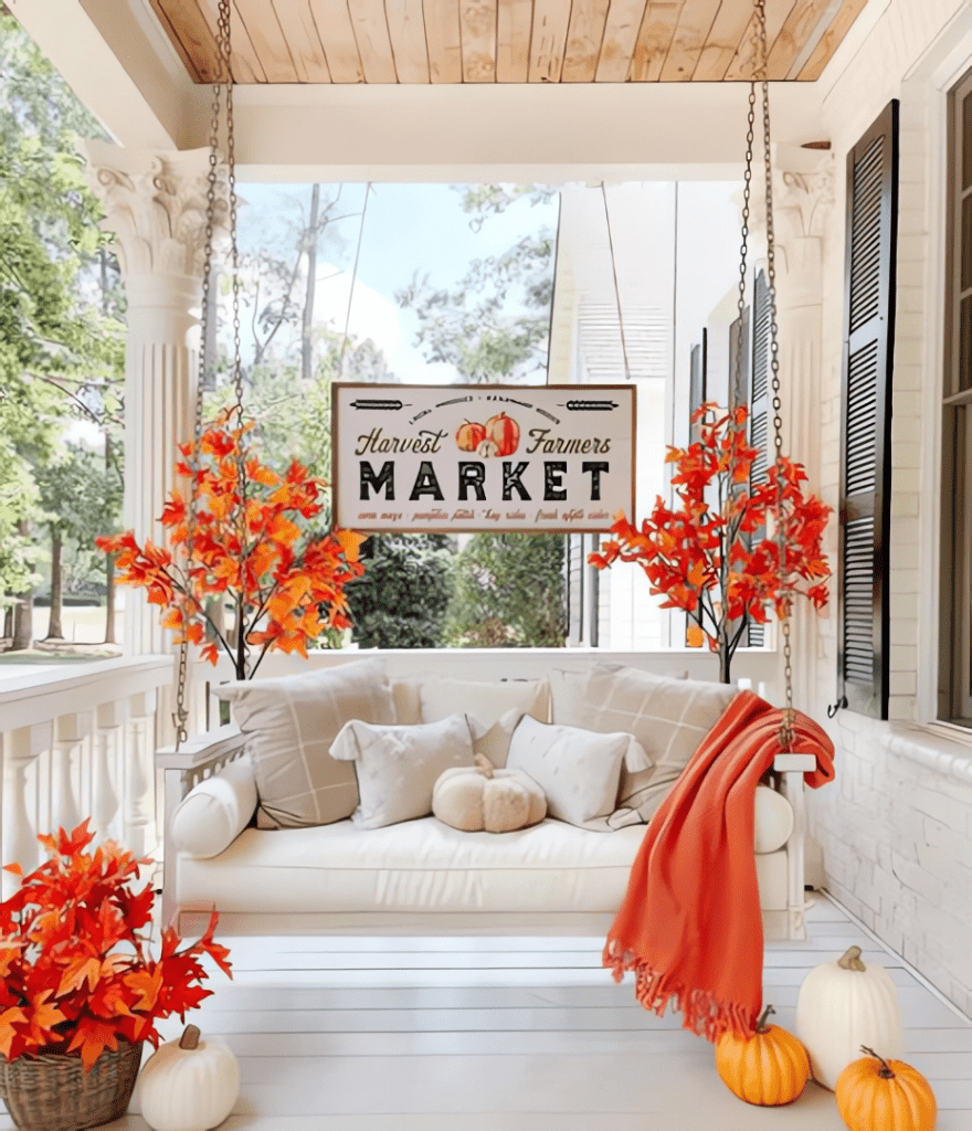 White porch swing decorated with fall pillows, blankets, and surrounded by pumpkins and autumn foliage