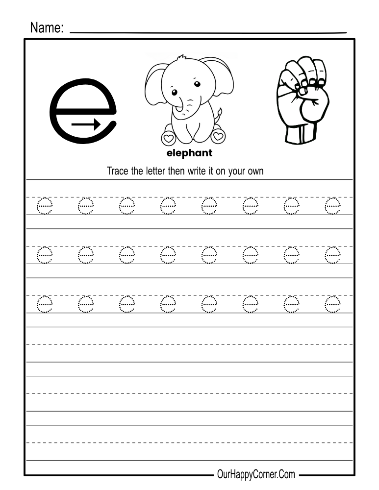 Alphabet tracing Worksheets lowercase letter e