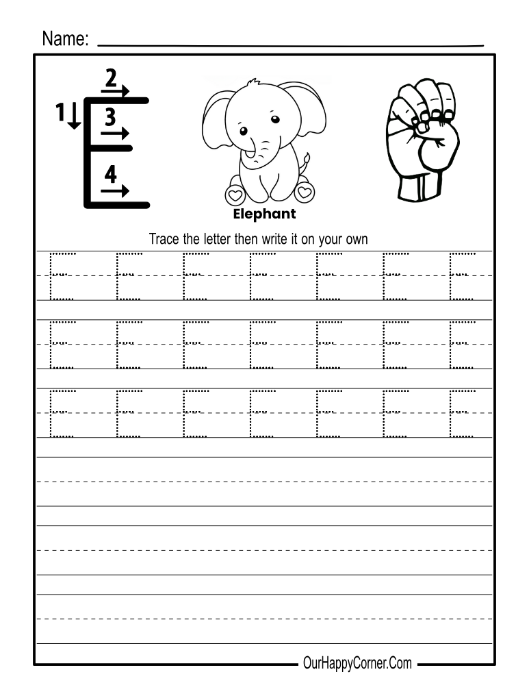 Alphabet tracing Worksheets Letter E Print