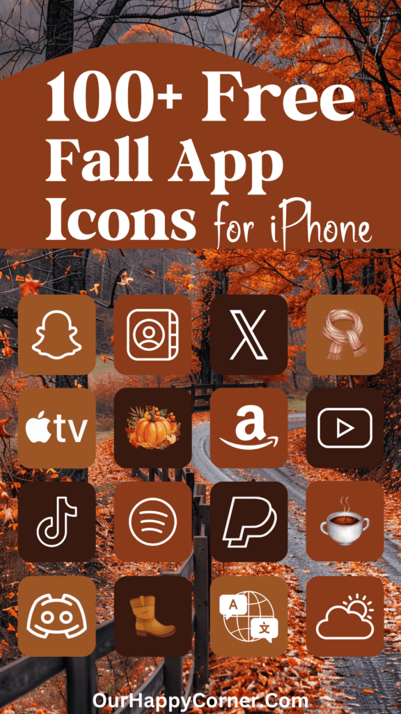 fall app icons on a road with fallen autumn leaves background